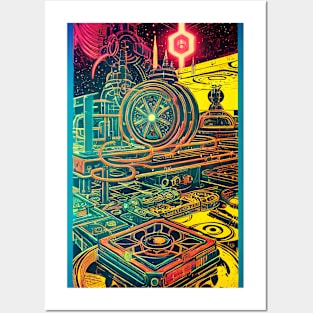 Colorful Neon Abstract Cosmic Space Station Posters and Art